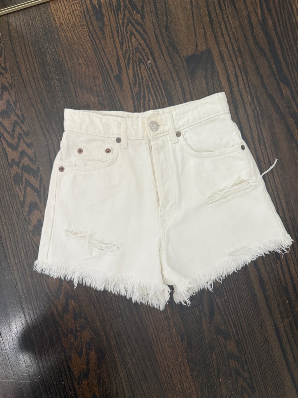 Zara Cream Distressed Frayed-Hem Denim Shorts